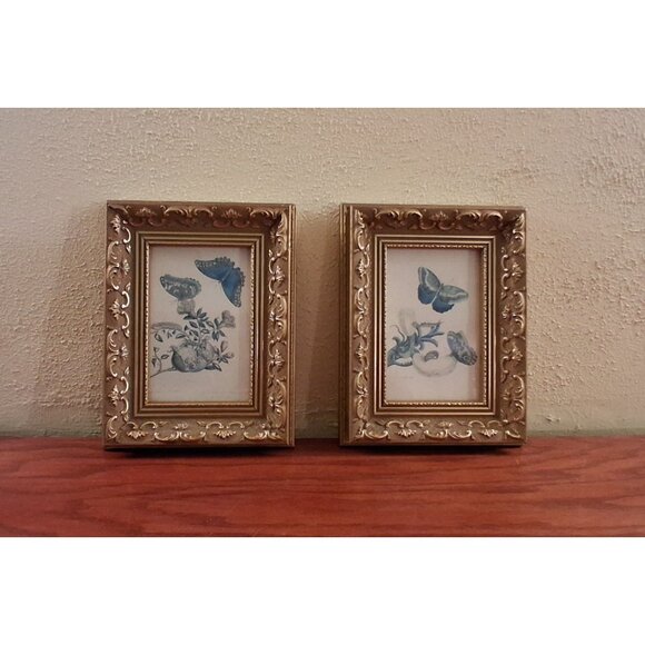 Gold Gilt Frame Wood Gesso Ornate Butterfly Print Blue Canada Vintage Set of 2 - Picture 1 of 8